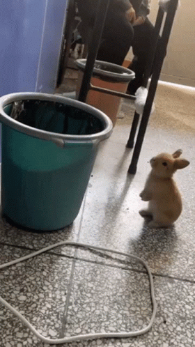 a GIF of a tiny bunny jumping into a green bucket on the floor