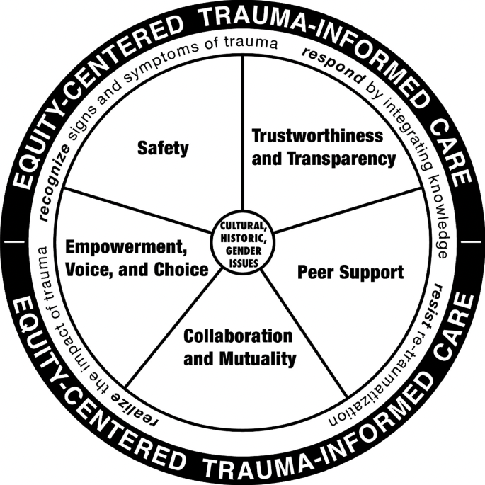 The equity-centered trauma-informed care wheel includes segments for safety; trustworthiness and transparency; peer support; collaboration and mutuality; and empowerment, voice, and choice.